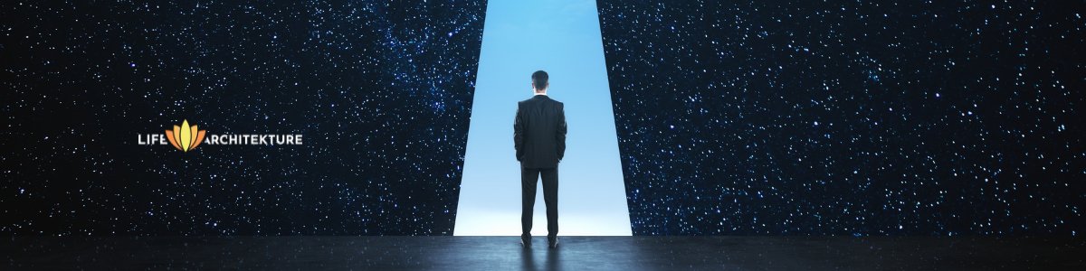 man standing in front of sky blue opening from a dream