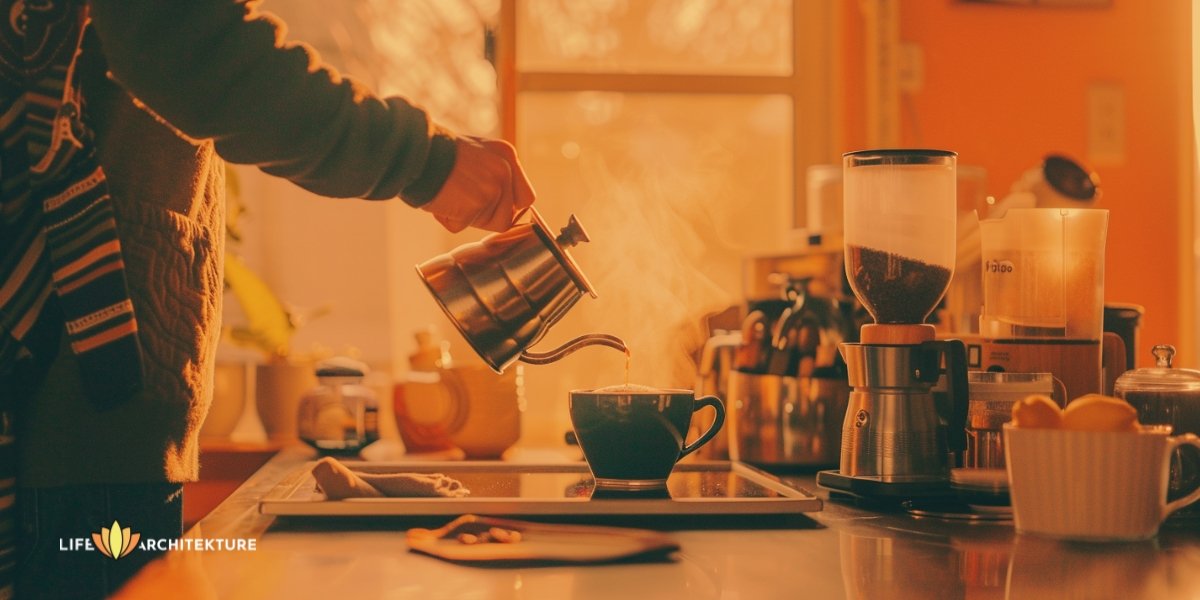 Der Ehemann bereitet seiner Frau in der Küche den Morgenkaffee zu und drückt seine Dankbarkeit aus, um die Beziehung glücklich und stark zu halten