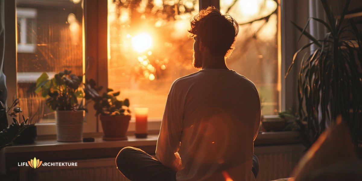 Un hombre practica mindfulness por la mañana temprano para evitar la ansiedad.