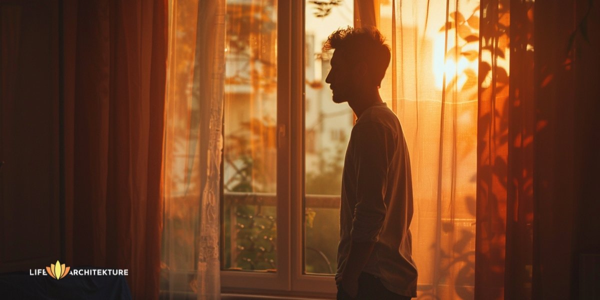 Hombre de pie cerca de la ventana solo en casa, tomándose tiempo para sí mismo para comprender sus emociones