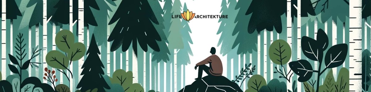 illustratie van man rustig zittend op de top van een rots alleen in een bos