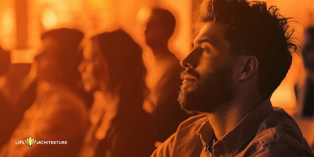 Man smiling sadly feeling guilty about prioritizing himself, sitting alone at an event