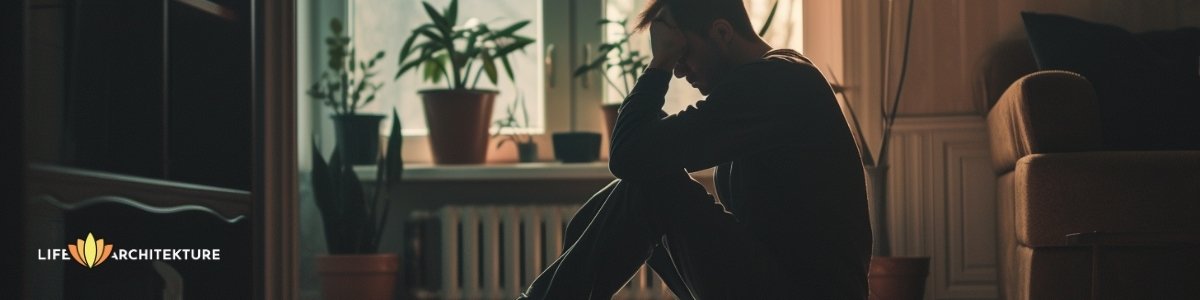 Un homme assis dans une pièce sombre se sentant triste et déprimé.