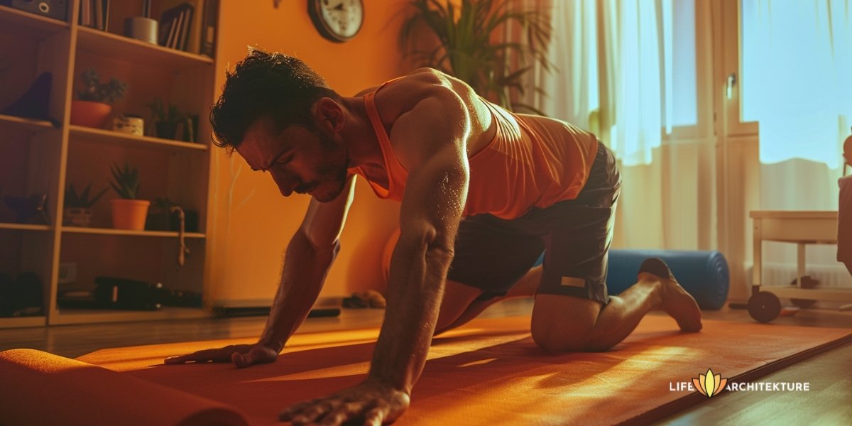 man starting his self improvement journey, working out at home for 30 mins