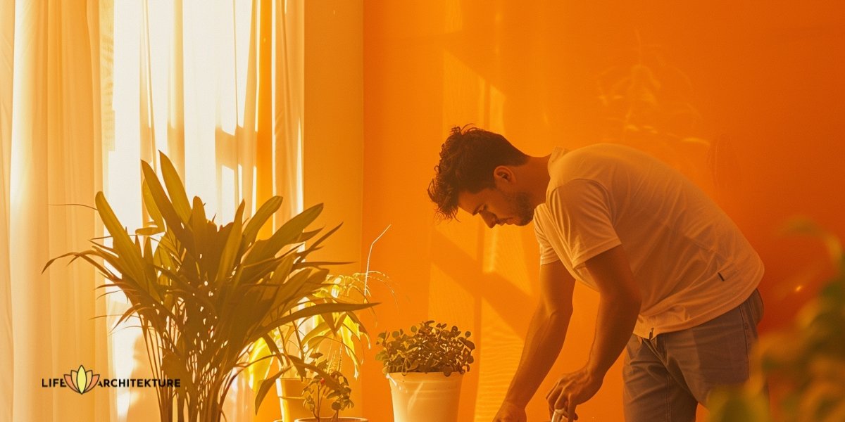 Een man die zijn huis schoonmaakt en planten water geeft, verwijdert de stagnerende energie uit het huis