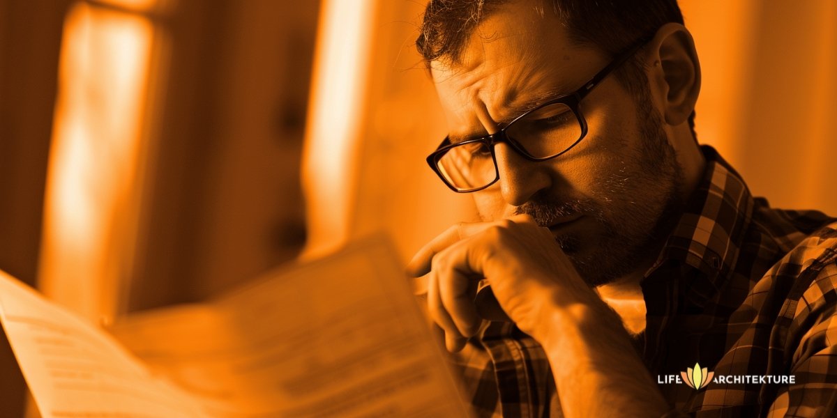 Stressed man working in office, looking at a paperwork