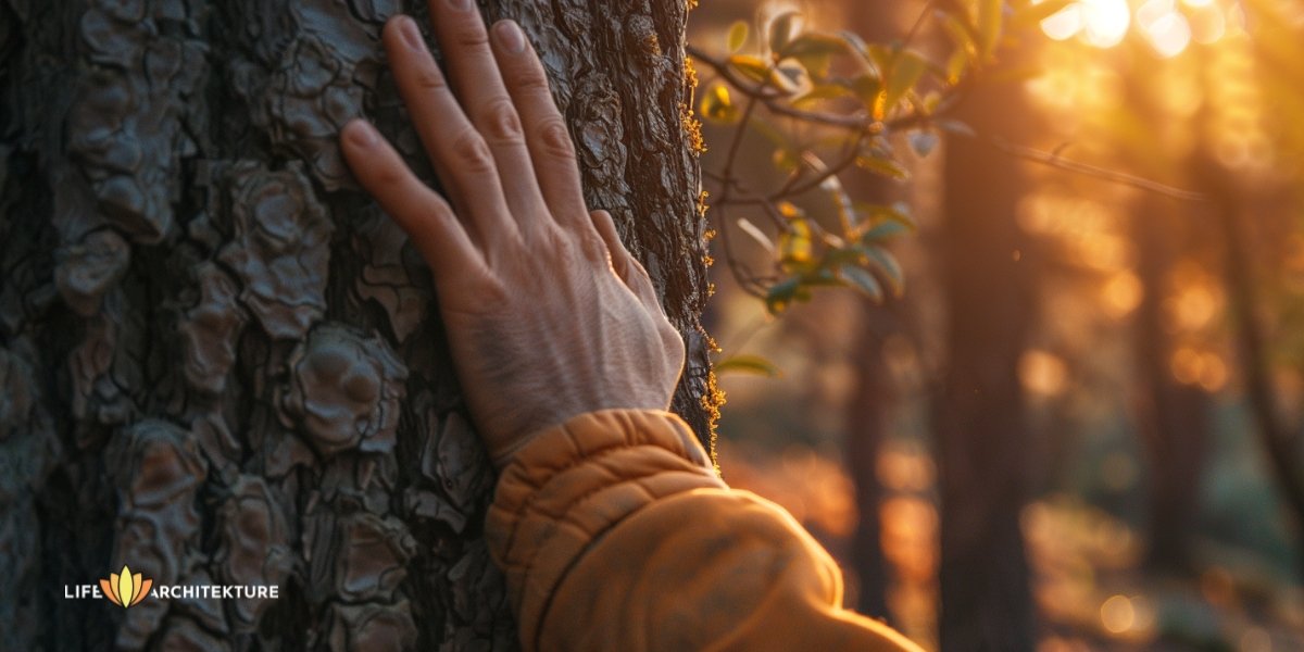 Homme touchant un tronc d'arbre et ressentant l'unité de la nature en lui.