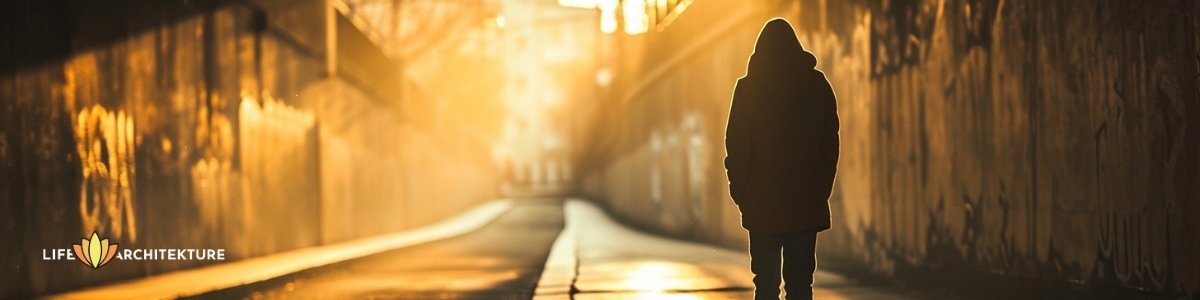 Man walking alone on the path as he doesn't fit in