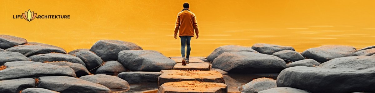 a man walking freely through the stones above a river