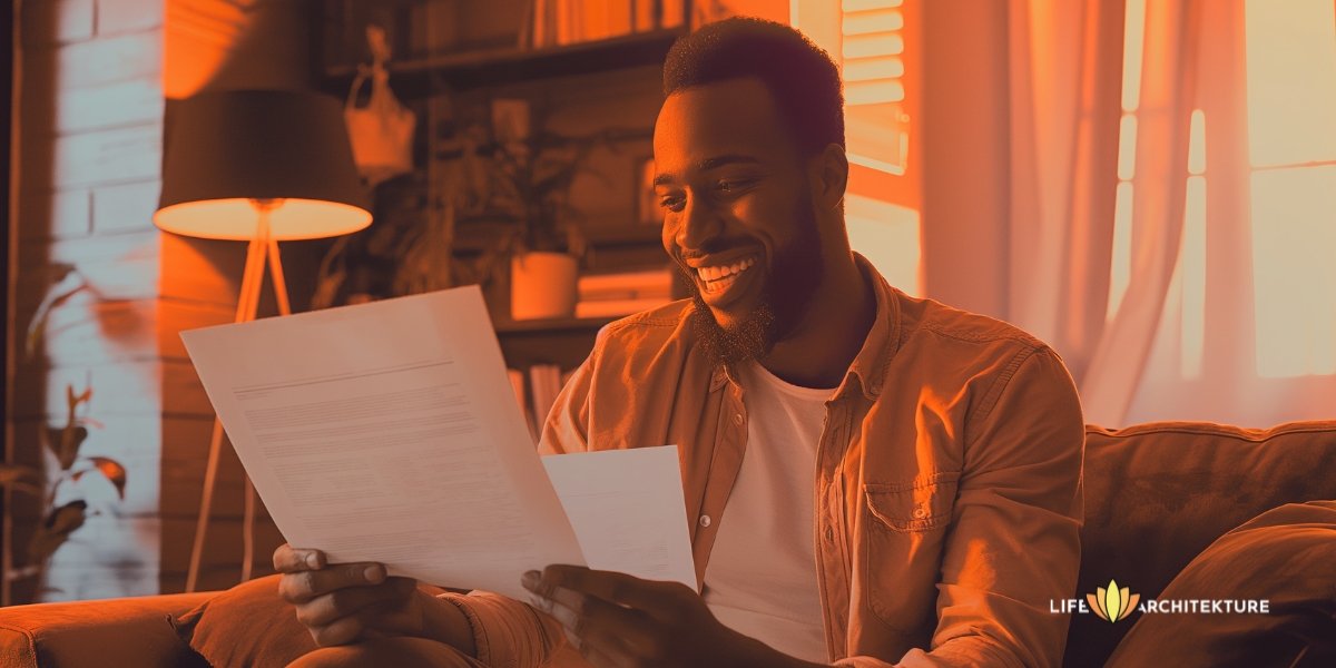 Man met een aanbiedingsbrief in de hand, glimlachend kijkend naar een geweldige kans voor zijn carrièregroei