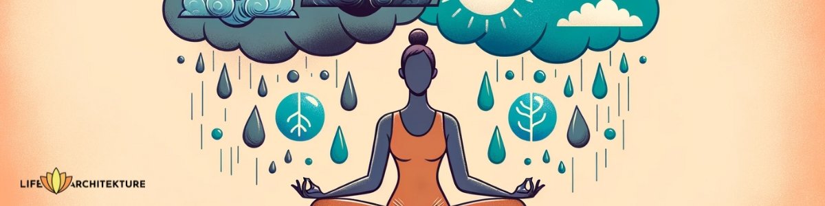 Illustratie van een vrouw die mantra's mediteert met wolken van negatieve en positieve gedachten boven haar hoofd