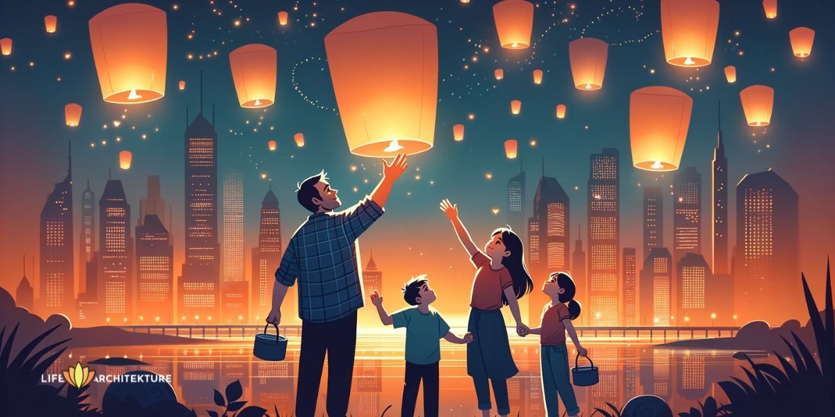 Vector illustration of a man spending a beautiful evening with his children on a weekend