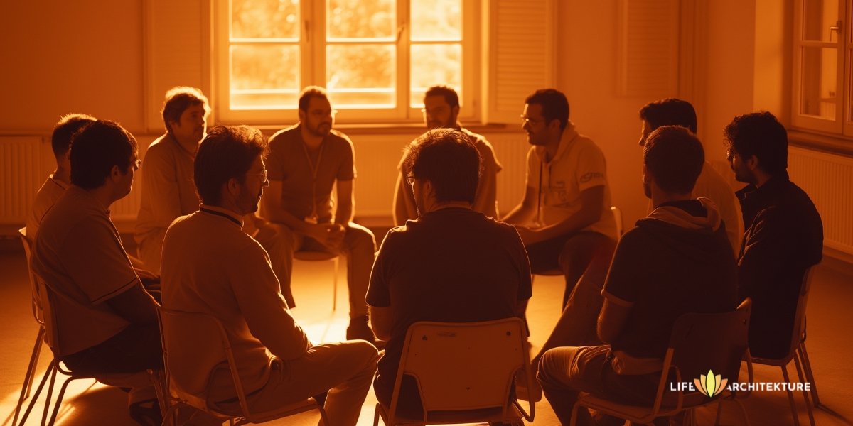 A group of men sitting in a circle sharing their feelings and thoughts on loneliness