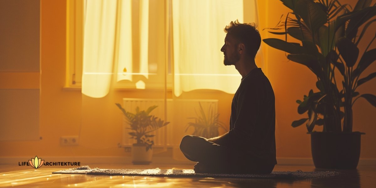 Een man die mindfulness meditatie beoefent om zichzelf te aarden en zijn zelfvertrouwen te vergroten