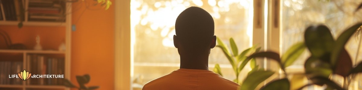 Ein Mann übt zu Hause geführte friedliche Meditation