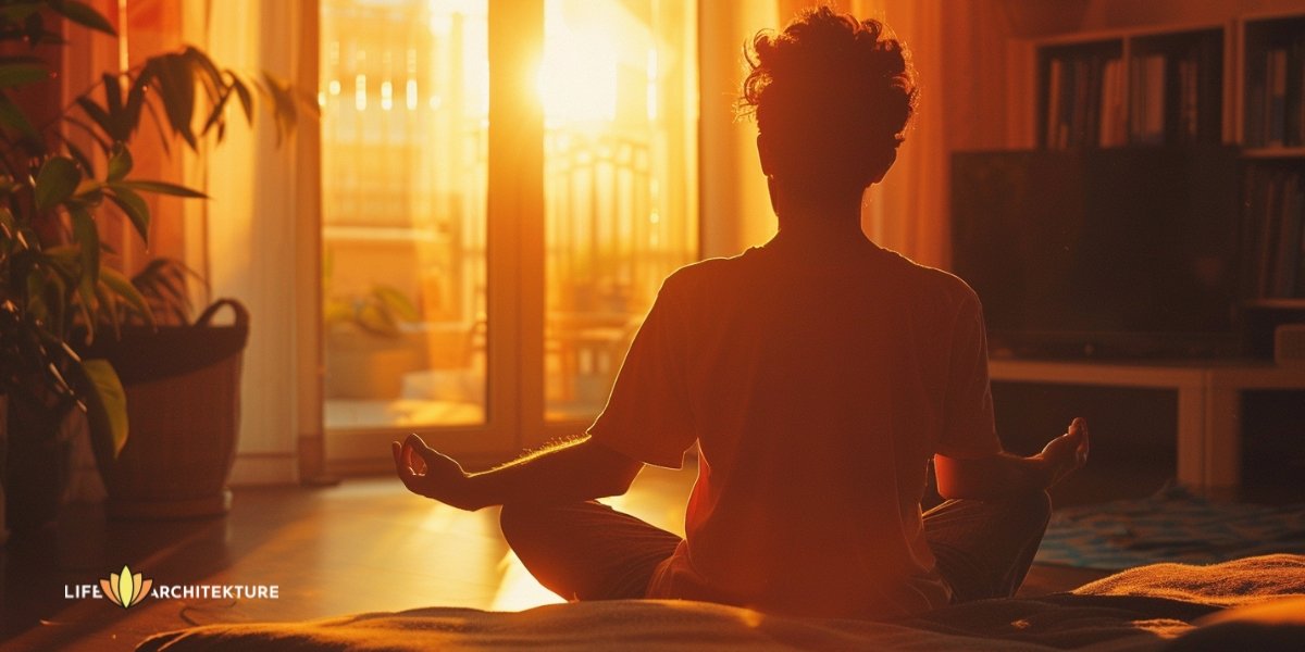 Ein Mann, der frühmorgens zu Hause Achtsamkeitsmeditation praktiziert