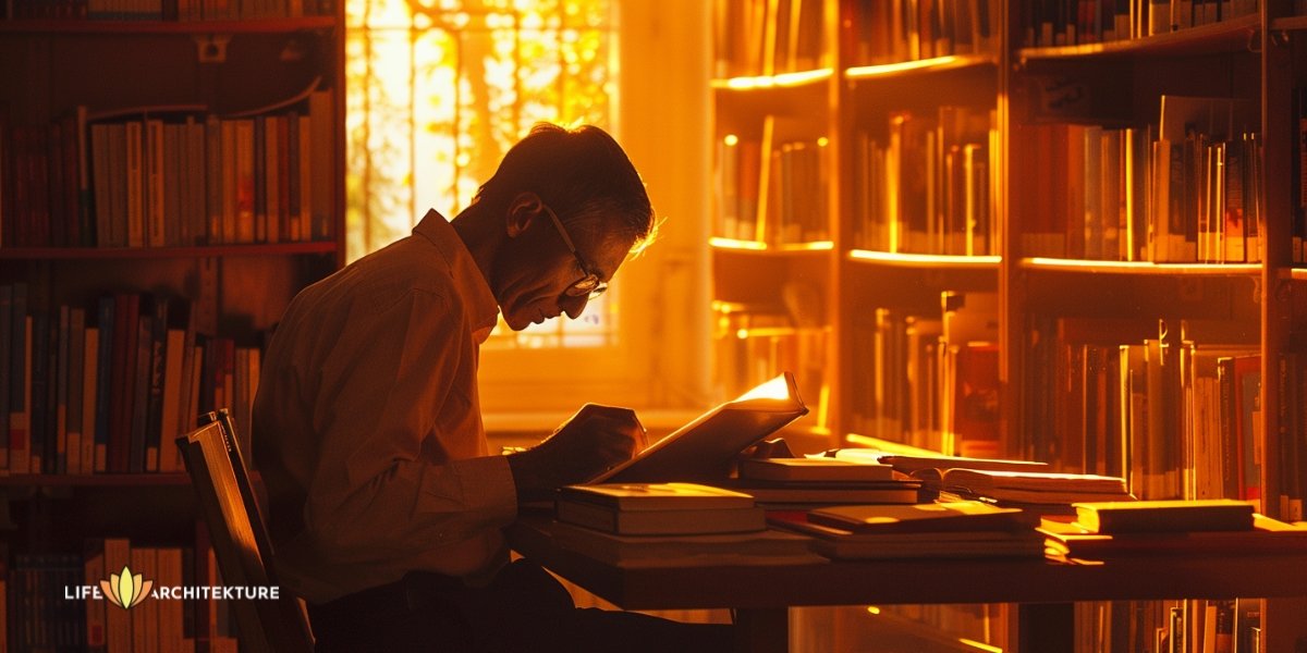 Un anciano leyendo en su estudio un libro sobre la hombría