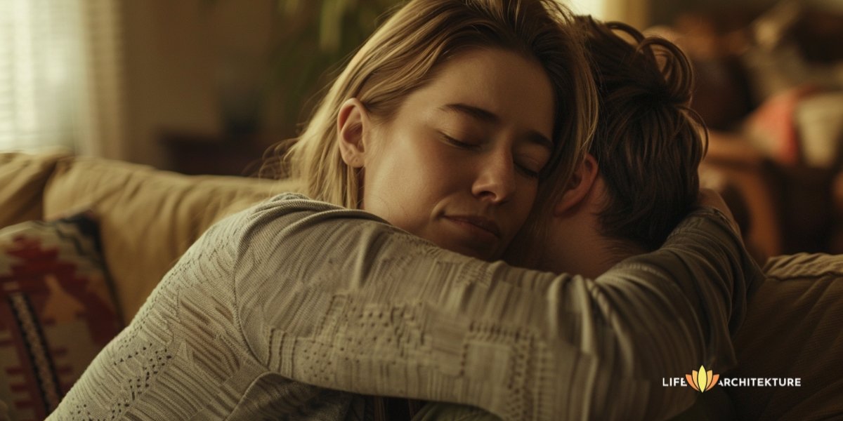 woman hugging her partner, man feeling tired and lost