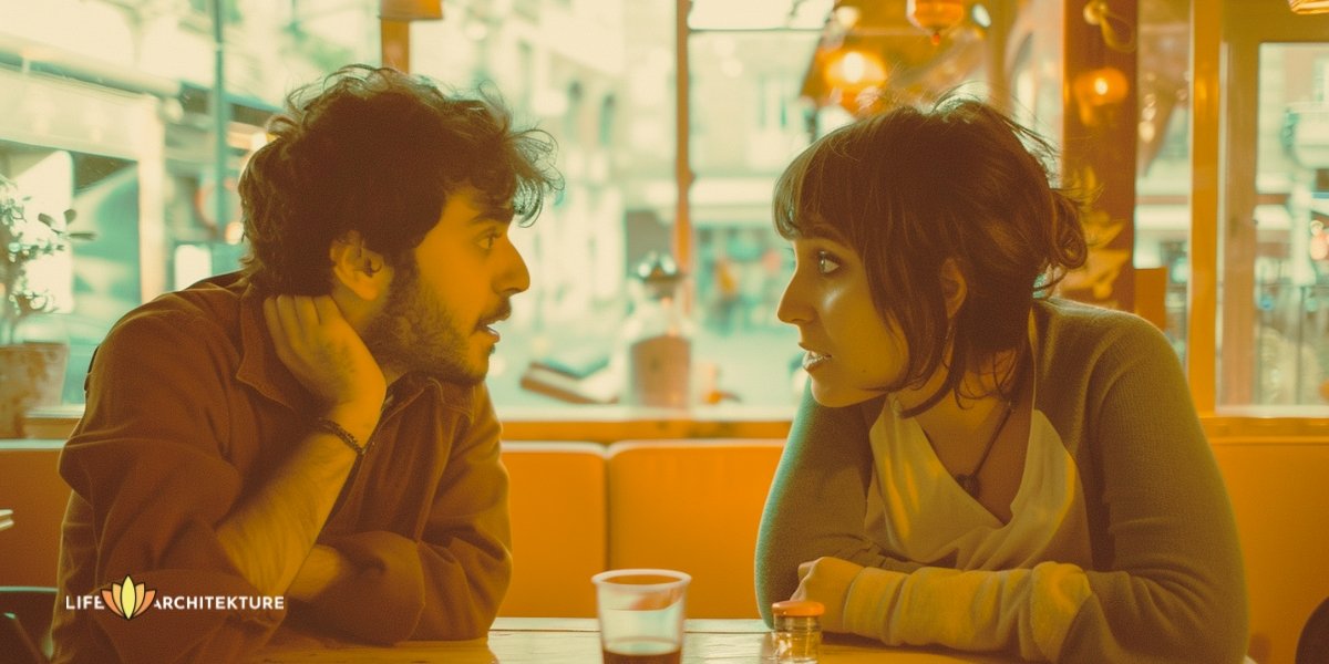 A man and a woman are having a conversation about how they are similar, reflecting on the idea that 'you attract what you are'