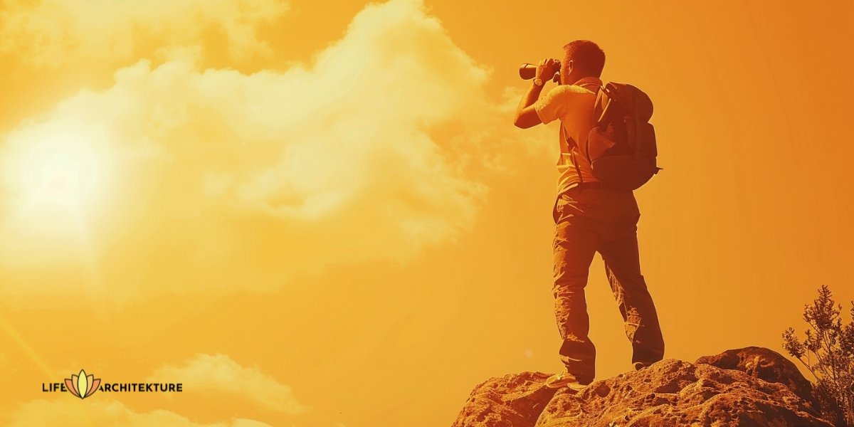 Een man staat op de top van een heuvel en gebruikt een verrekijker om een doel en betekenis te vinden