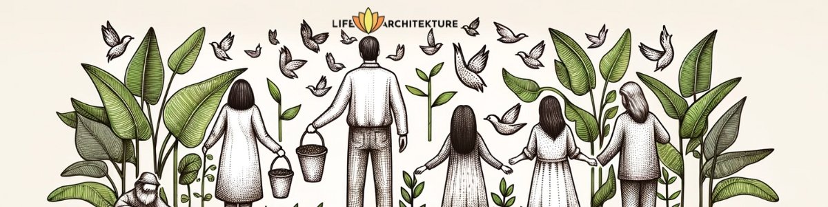 illustratie van familie die elkaars handen vasthoudt omringd door planten die groei voorstellen