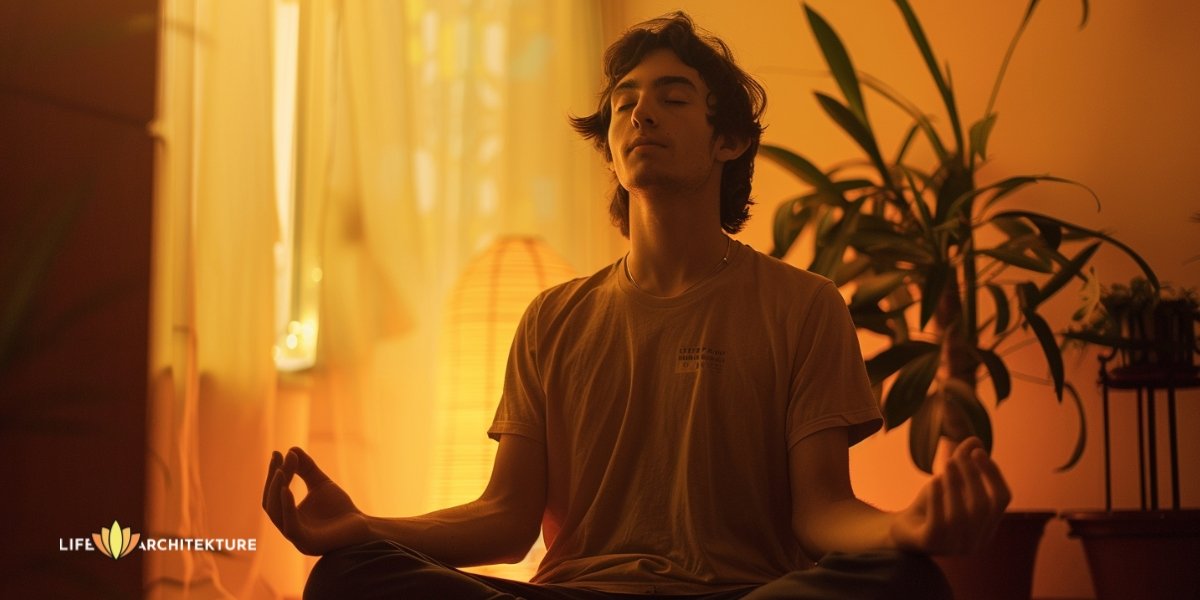 Hombre practicando meditación silenciosa en casa, dando pasos hacia la superación personal