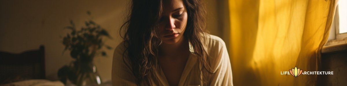 Eine Frau sitzt in ihrem Zimmer und erlebt negative Emotionen wie Angst und Furcht