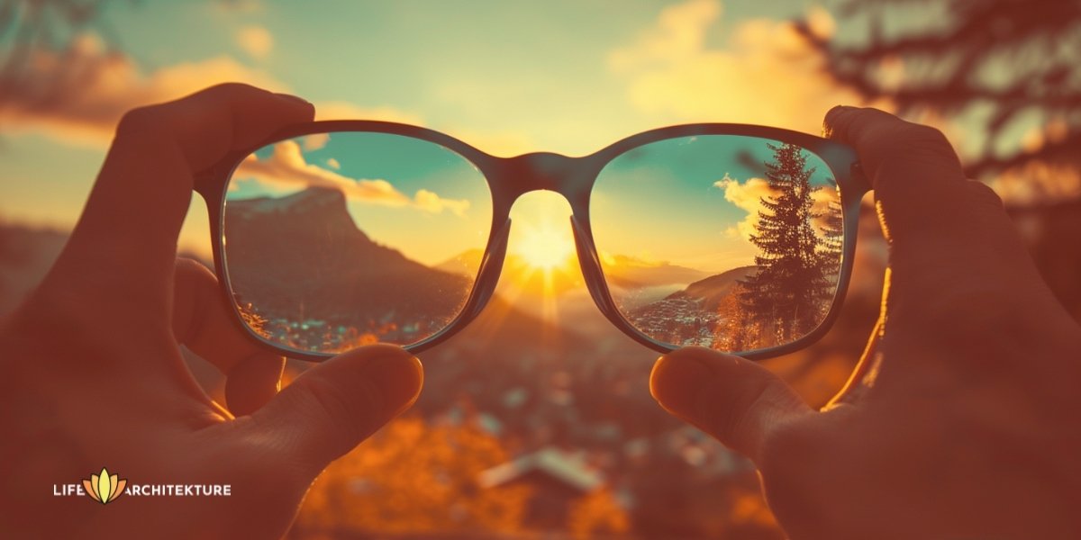 een persoon kijkt door een bril, helder zicht