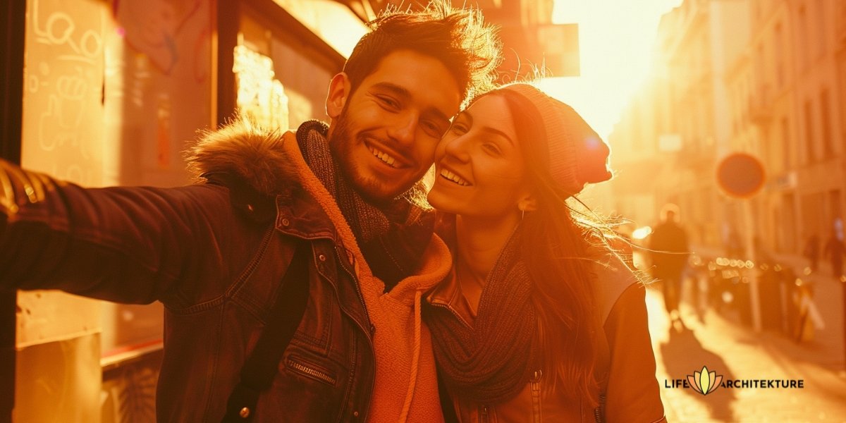 Man clicking a selfie with his girlfriend on the street to post on social, making her feel loved by affirming her publicly