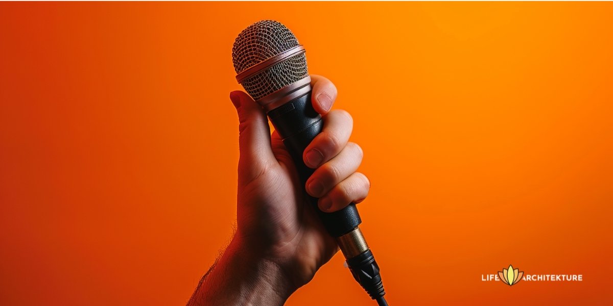A hand holding a mic, ready to talk and share stories
