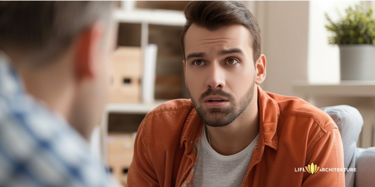 A man taking a coaching session with a life coach sharing his feelings of sadness and guilt after cheating