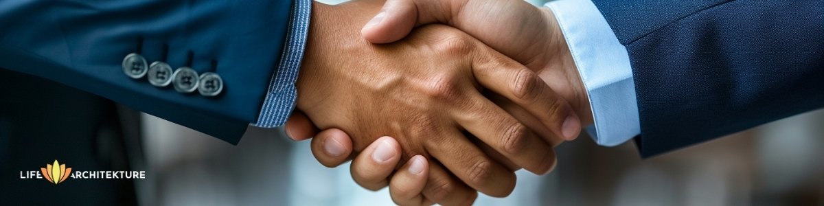 two professional people shaking hands building trust and respect in the workplace