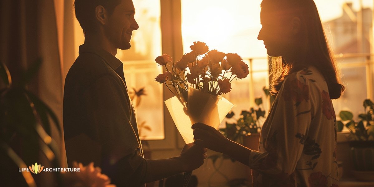 Un homme offre des fleurs à sa femme en signe de gratitude pour les liens plus profonds qui l'unissent à elle.