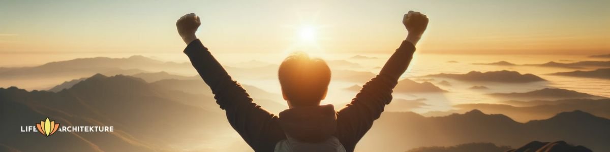 Illustration of a man on a weekend hike, enjoying the morning sunrise from the top