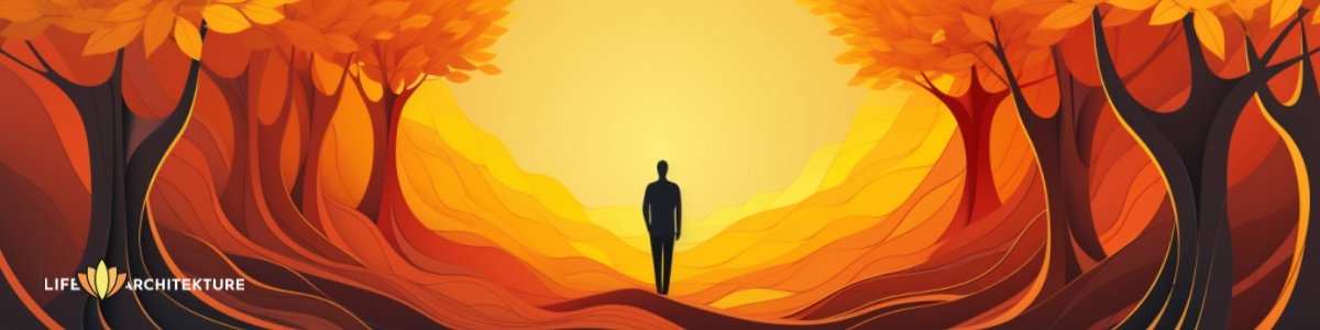 Vector illustration of a man walking alone in the woods as a representation of personal growth