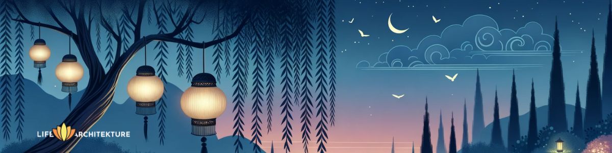 Vectorillustratie van een avondscène met een maan, sterren en lantaarns die aan bomen hangen