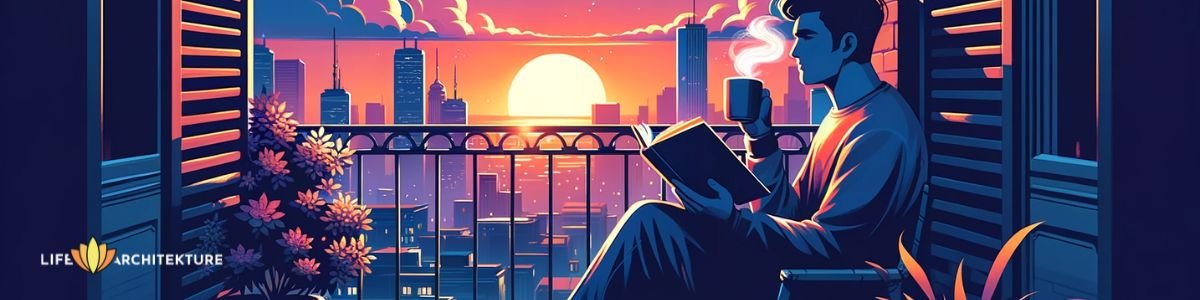 Illustratie van een man die een roman leest op het balkon, de avondzonsondergang omarmend terwijl hij geniet van een kopje koffie