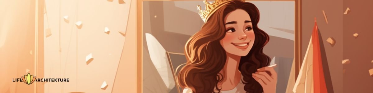 Illustration of a girl wearing a crown, smiling, and appreciating herself