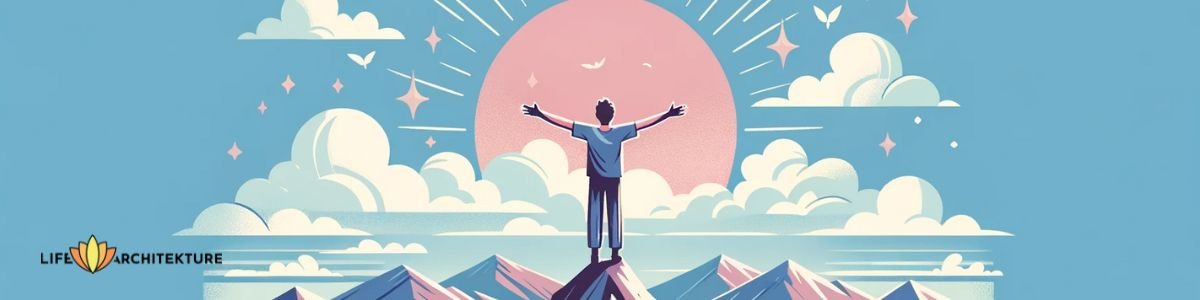vector illustration of a mountain landscape with a man standing at the mountain's summit with open arms, savoring inner peace