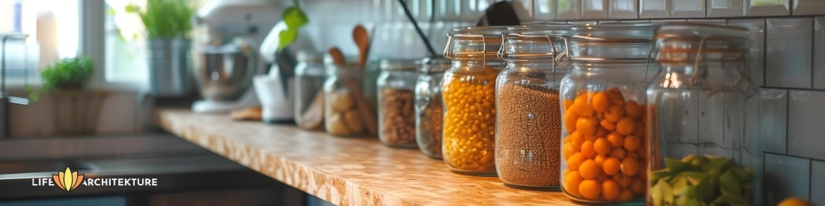 storage containers kept on the shelf, a well organized kitchen at home