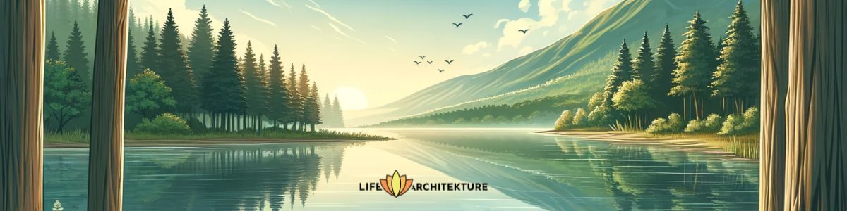 Vector illustration of a weekend sunrise featuring a river and mountains