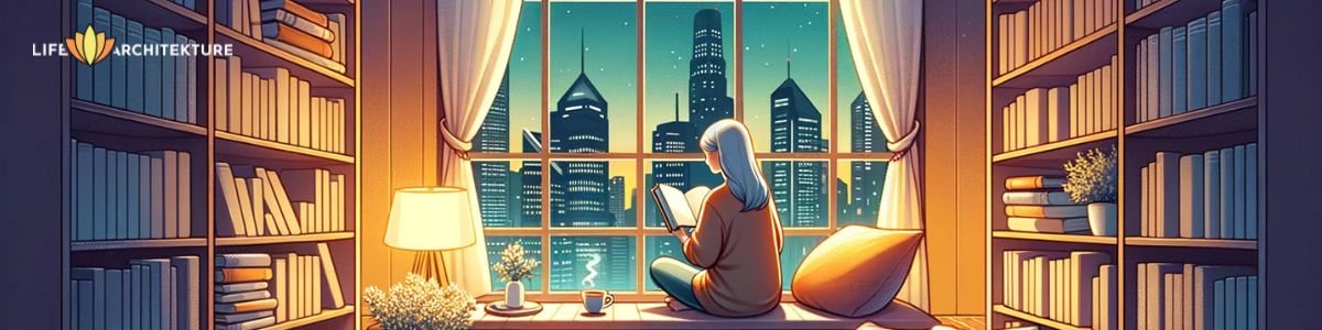 Vectorillustratie van een meisje dat vredig haar weekendavond doorbrengt met het lezen van een boek thuis