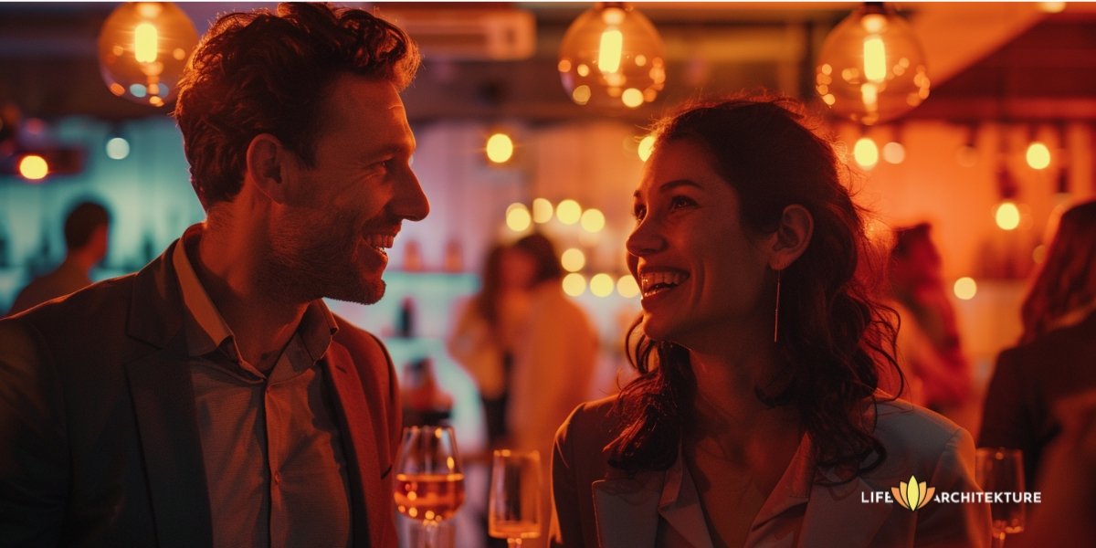 Un homme entame une conversation avec une femme lors d'une soirée.