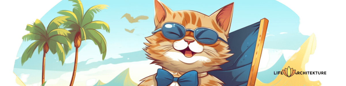 vector illustration of a cat relaxing on the beach, sporting sunglasses, and laughing at humorous self-love quotes