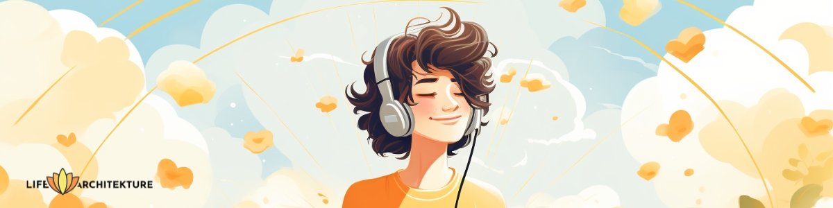 Vector illustration of a boy wearing headphones, listening to positive quotes in the morning and smiling
