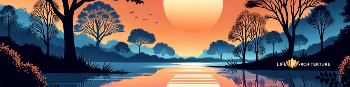Vector illustration of an evening sunset by the river