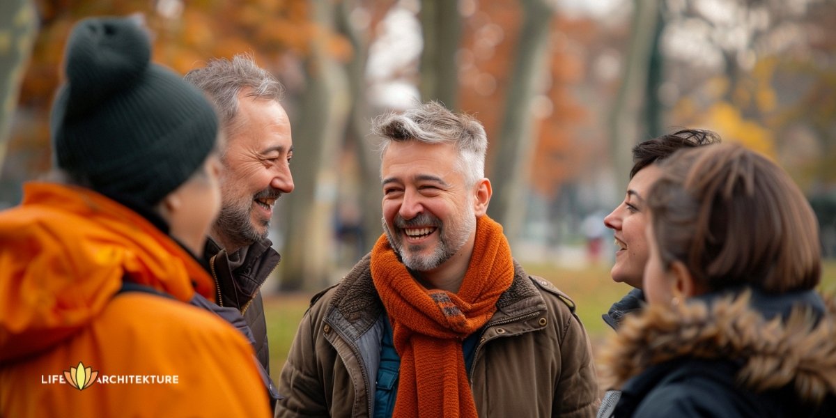 eine Gruppe von Freunden aus derselben Gemeinde, die sich in einem Park treffen und ihre Freude und ihr Glück teilen