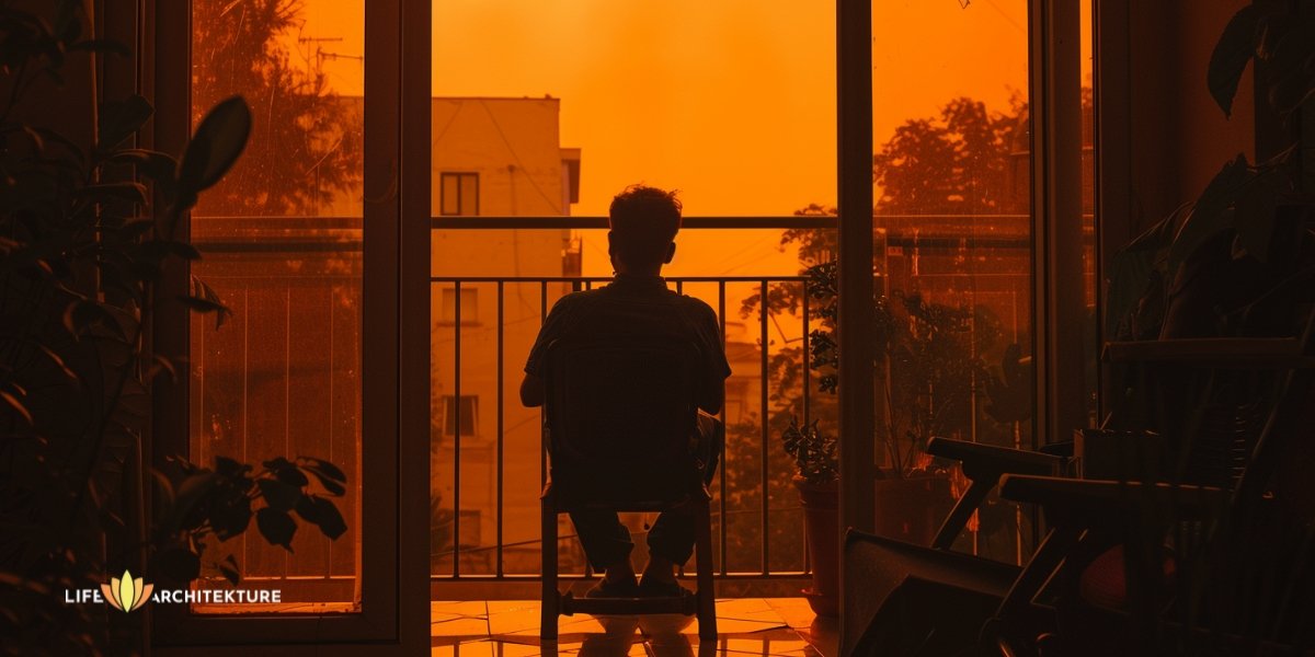 Ein Mann sitzt auf dem Balkon und verbringt viel Zeit mit sich selbst