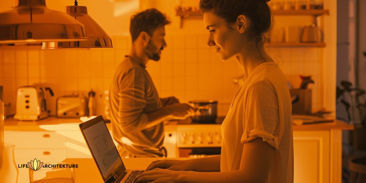 Die Frau arbeitet am Laptop, während der Mann in der Küche Tee für sie kocht