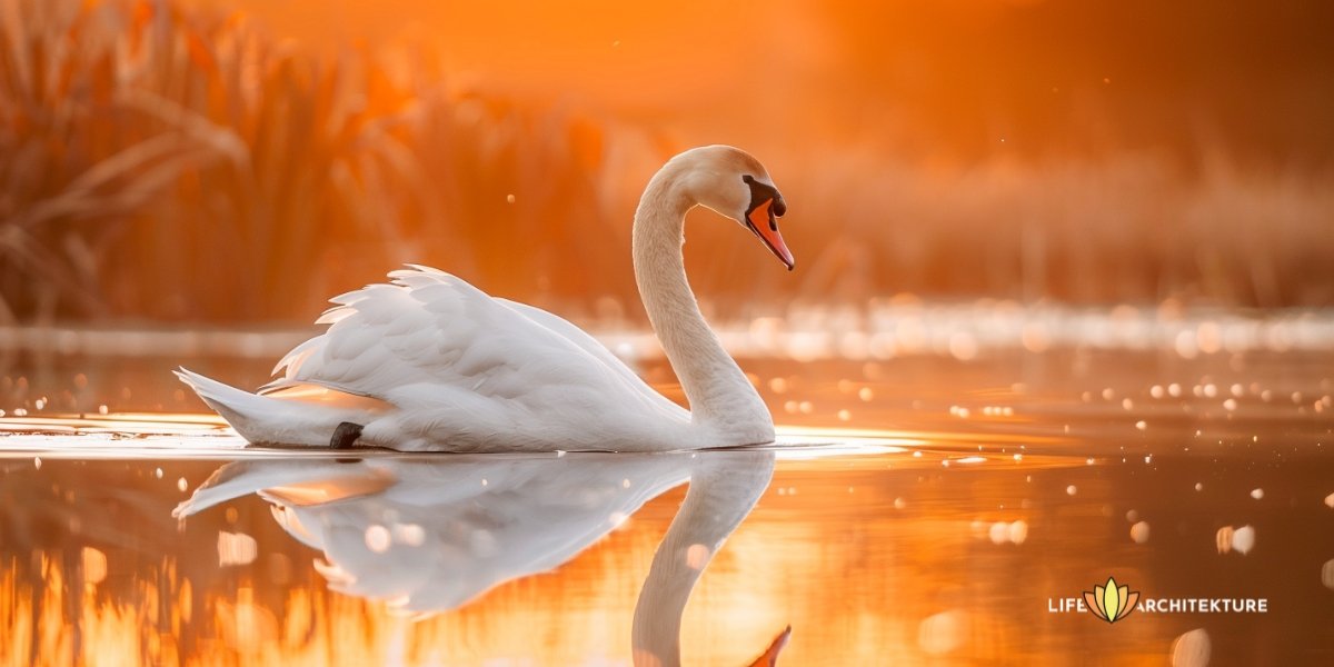 Un cisne en el lago, el reflejo del cisne es visible en el agua, tanto arriba como abajo